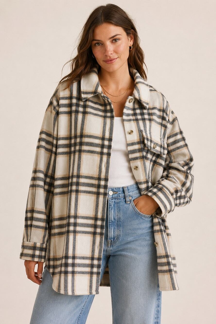 Old Navy Oversized Soft-Brushed Plaid Shacket XXL Neutral Cream Tan Gray